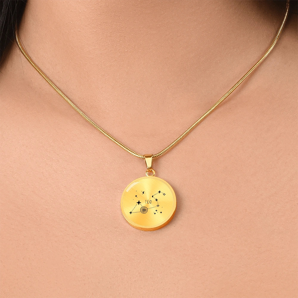 18k Yellow Gold Engraved Leo Zodiac Star Sign Circle Pendant Necklace Showcase On Neck
