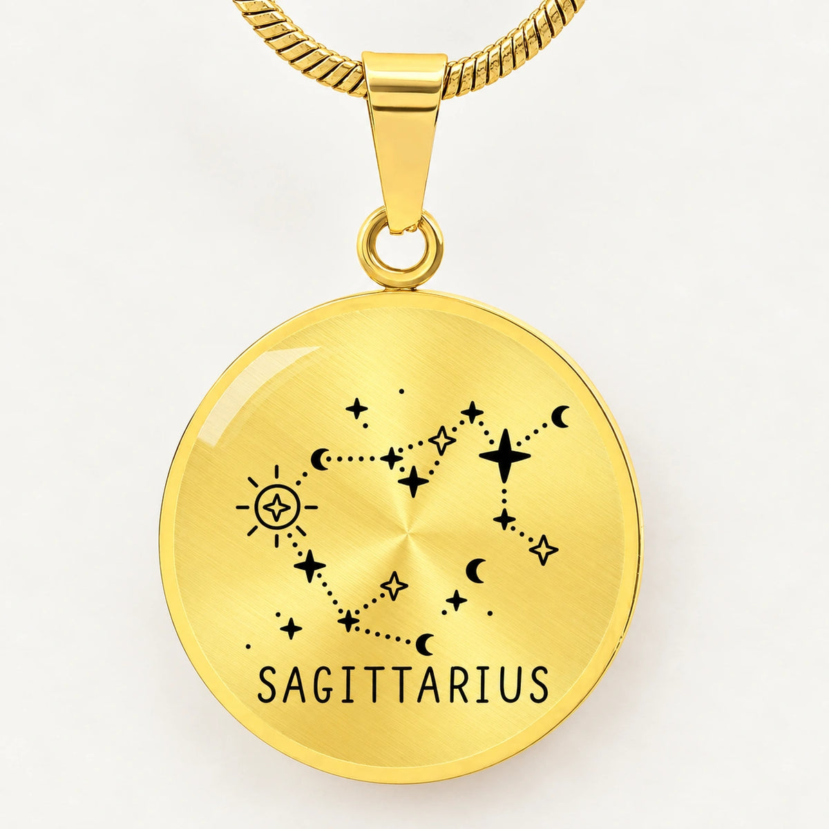 18k Yellow Gold Engraved Sagittarius Zodiac Star Sign Circle Pendant Necklace