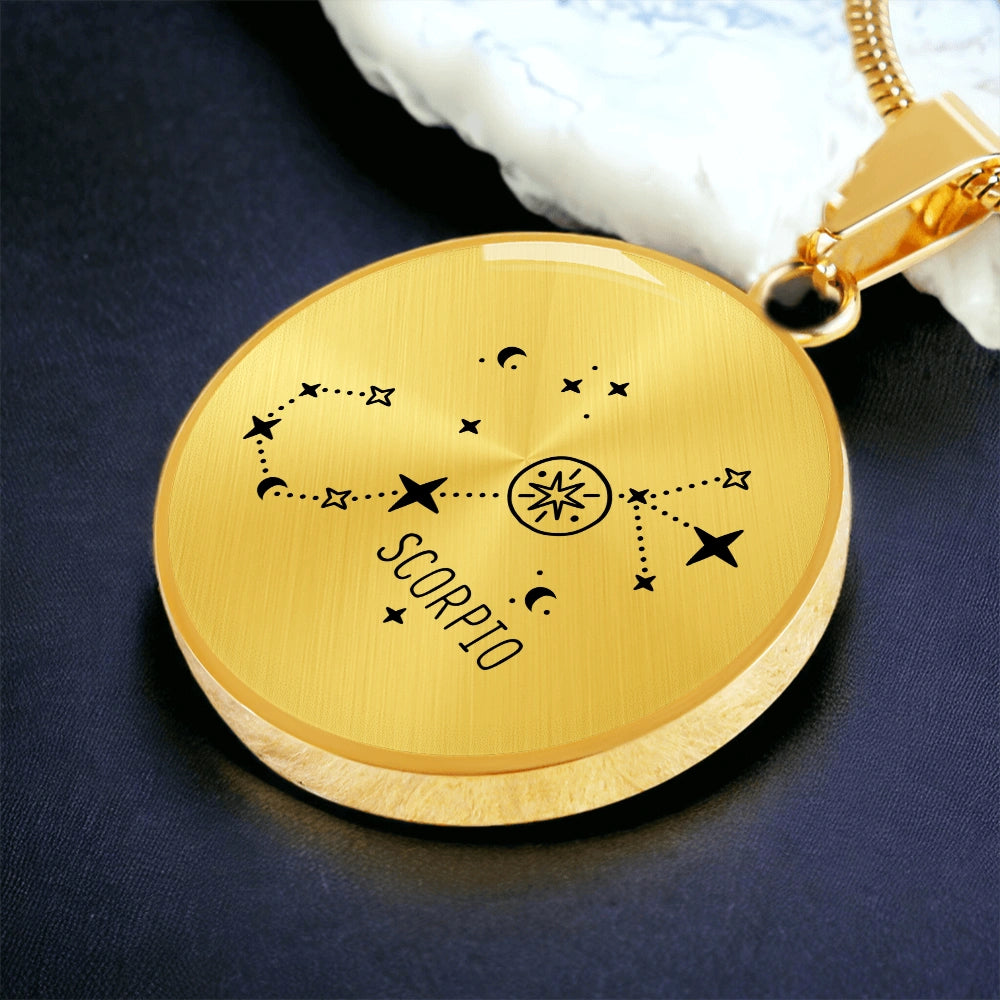 18k Yellow Gold Engraved Scorpio Zodiac Star Sign Circle Pendant Necklace Showcase