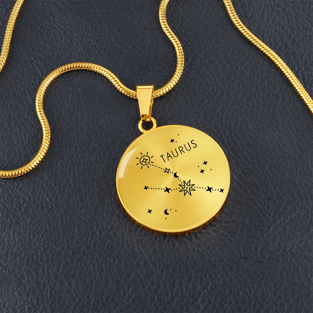 18k Yellow Gold Engraved Taurus Zodiac Star Sign Circle Necklace Showcase