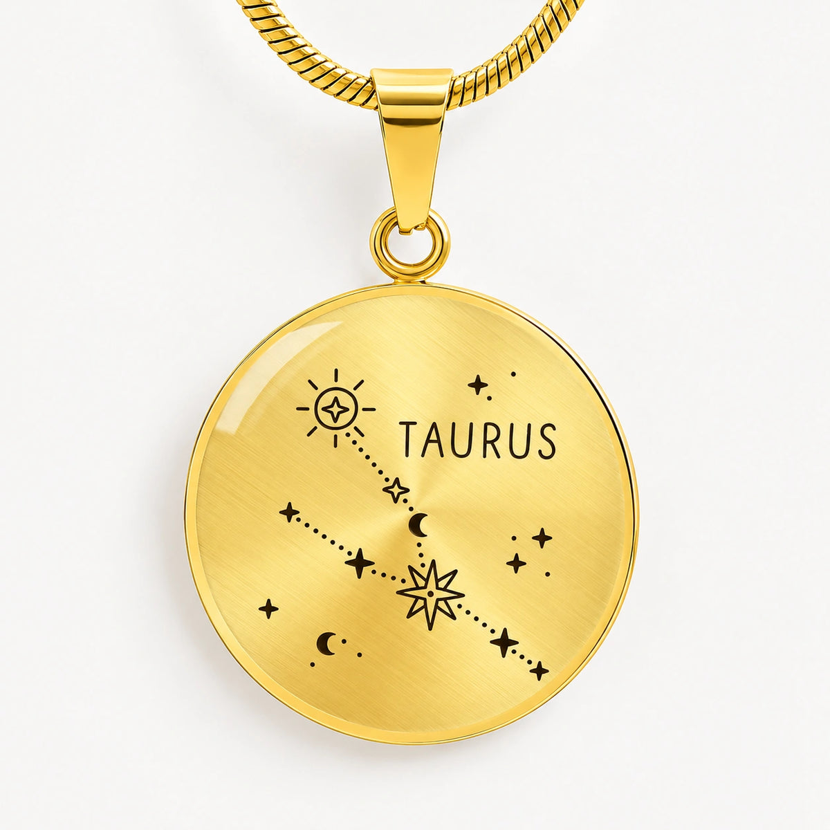 18k Yellow Gold Engraved Taurus Zodiac Star Sign Circle Pendant Necklace