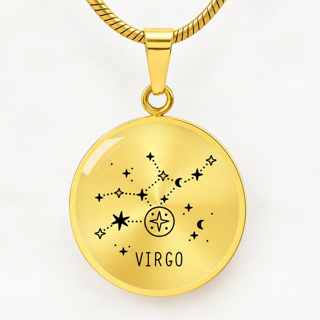 18k Yellow Gold Engraved Virgo Zodiac Star Sign Circle Pendant Necklace