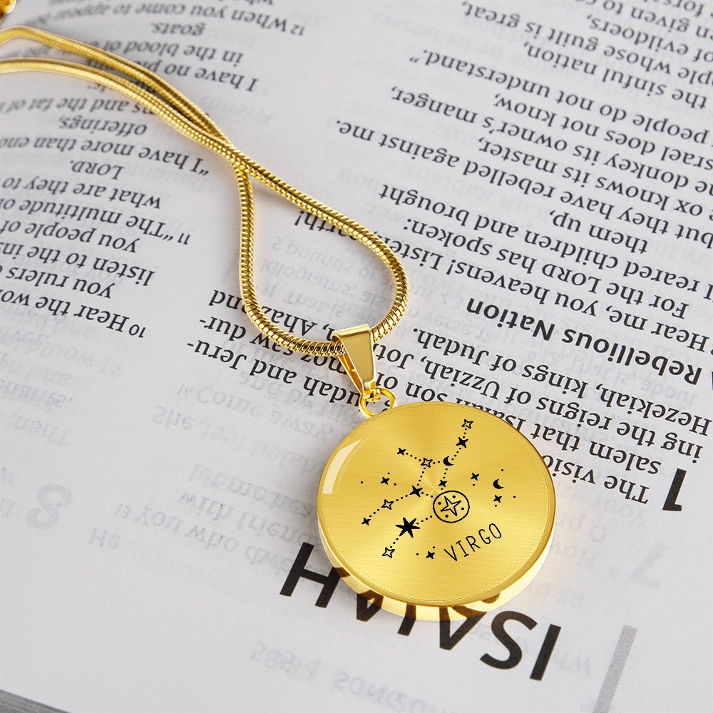 18k Yellow Gold Engraved Virgo Zodiac Star Sign Circle Pendant Necklace Showcase