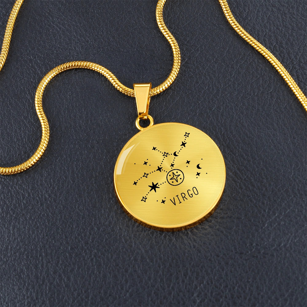 18k Yellow Gold Engraved Virgo Zodiac Star Sign Circle Pendant Necklace Showcase On Table