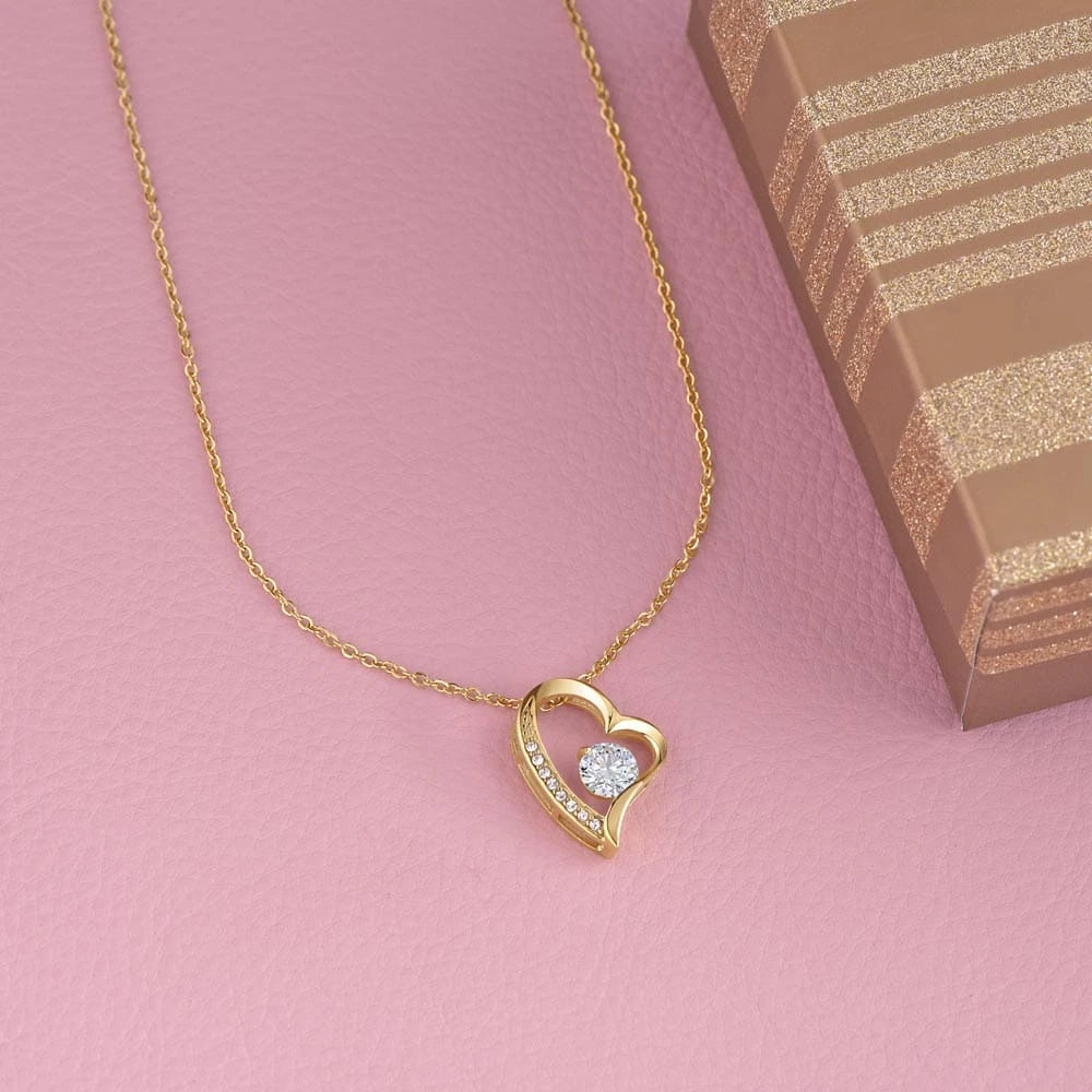 18k Yellow Gold Forever Love Necklace For My Daughter You Are Everything Message Card Jewelry Showcase On the Table