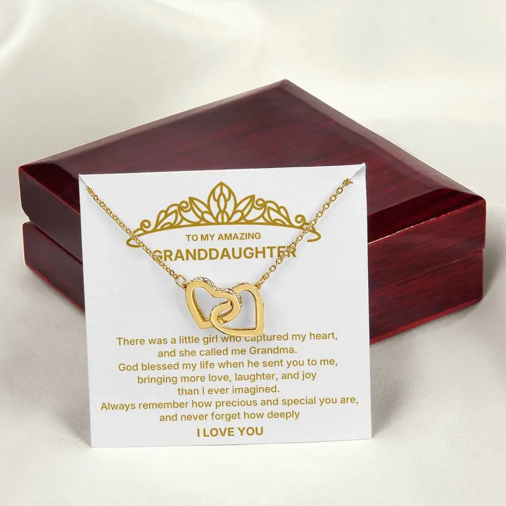 18k Yellow Gold Interlocking Hearts Necklace for My Granddaughter I Love You Message Card Jewelry Luxury Box
