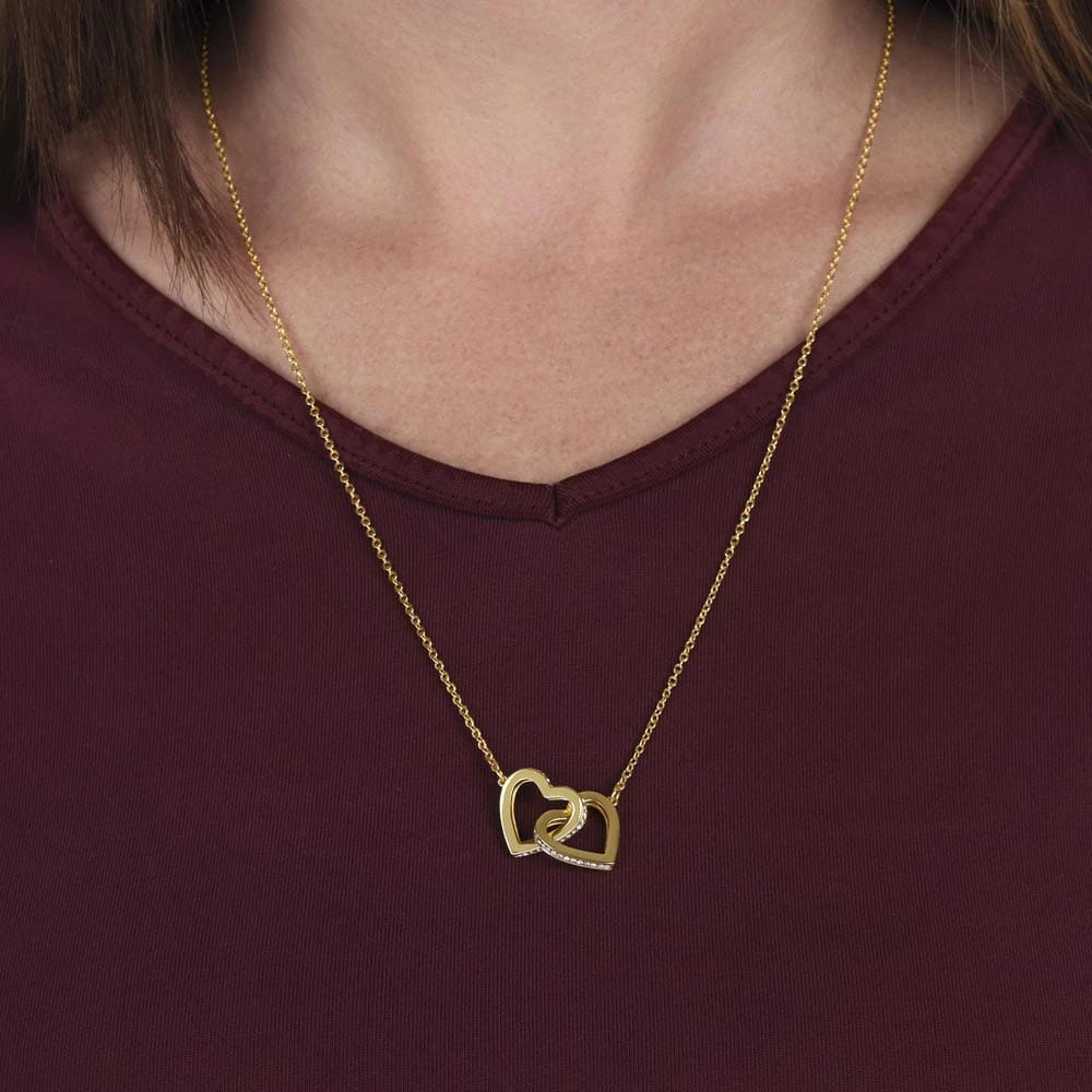 18k Yellow Gold Interlocking Hearts Necklace for My Granddaughter I Love You Message Card Jewelry Showcase On Neck