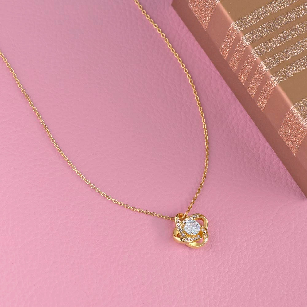 18k Yellow Gold Love Knot Necklace for Daughter from Dad Christmas Necklace Gift I Love You Showcase On Table