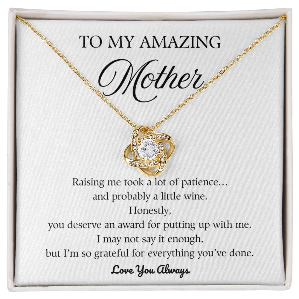 18k Yellow Gold Love Knot Necklace for Mother So Grateful Message Card Jewelry Mother's Day Gift