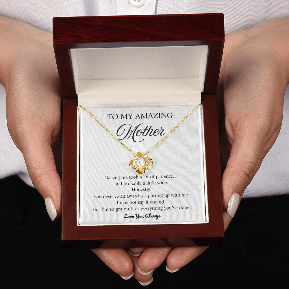 18k Yellow Gold Love Knot Necklace for Mother So Grateful Message Card Jewelry Mother's Day Gift Luxury Box