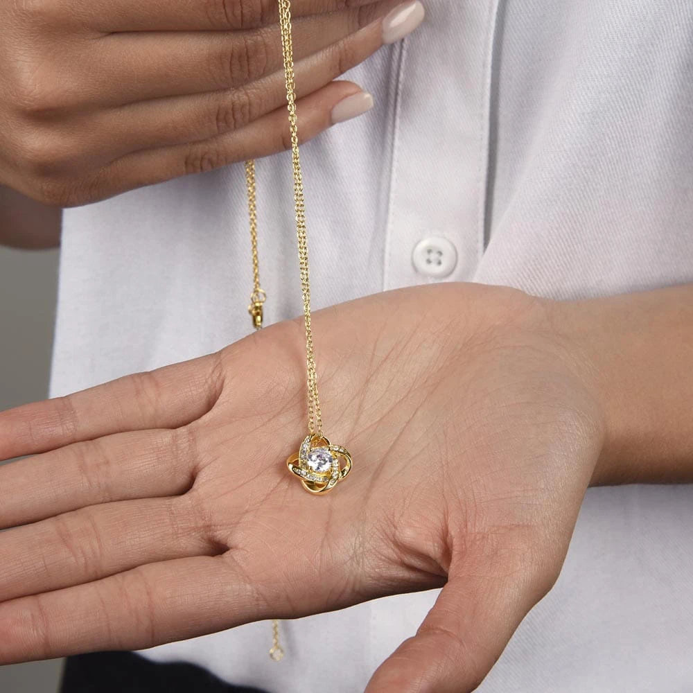 18k Yellow Gold Love Knot Necklace for Mother So Grateful Message Card Jewelry Mother's Day Gift Showcase In Hand