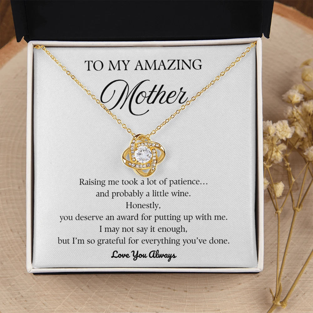 18k Yellow Gold Love Knot Necklace for Mother So Grateful Message Card Jewelry Mother's Day Gift Standard Box