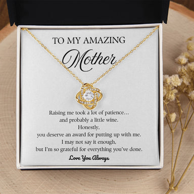 18k Yellow Gold Love Knot Necklace for Mother So Grateful Message Card Jewelry Mother's Day Gift Standard Box