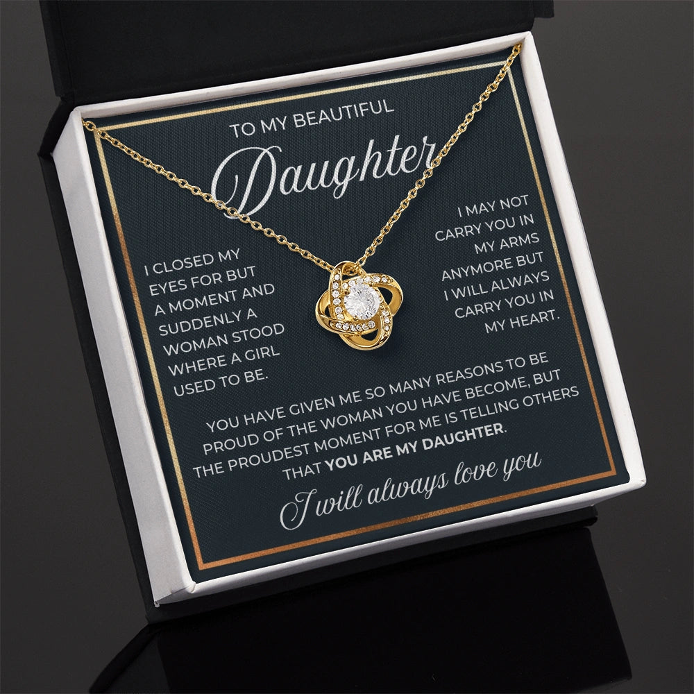 18k Yellow Gold Love Knot Necklace for My Daughter from Dad Mom My Daughter Standard Box