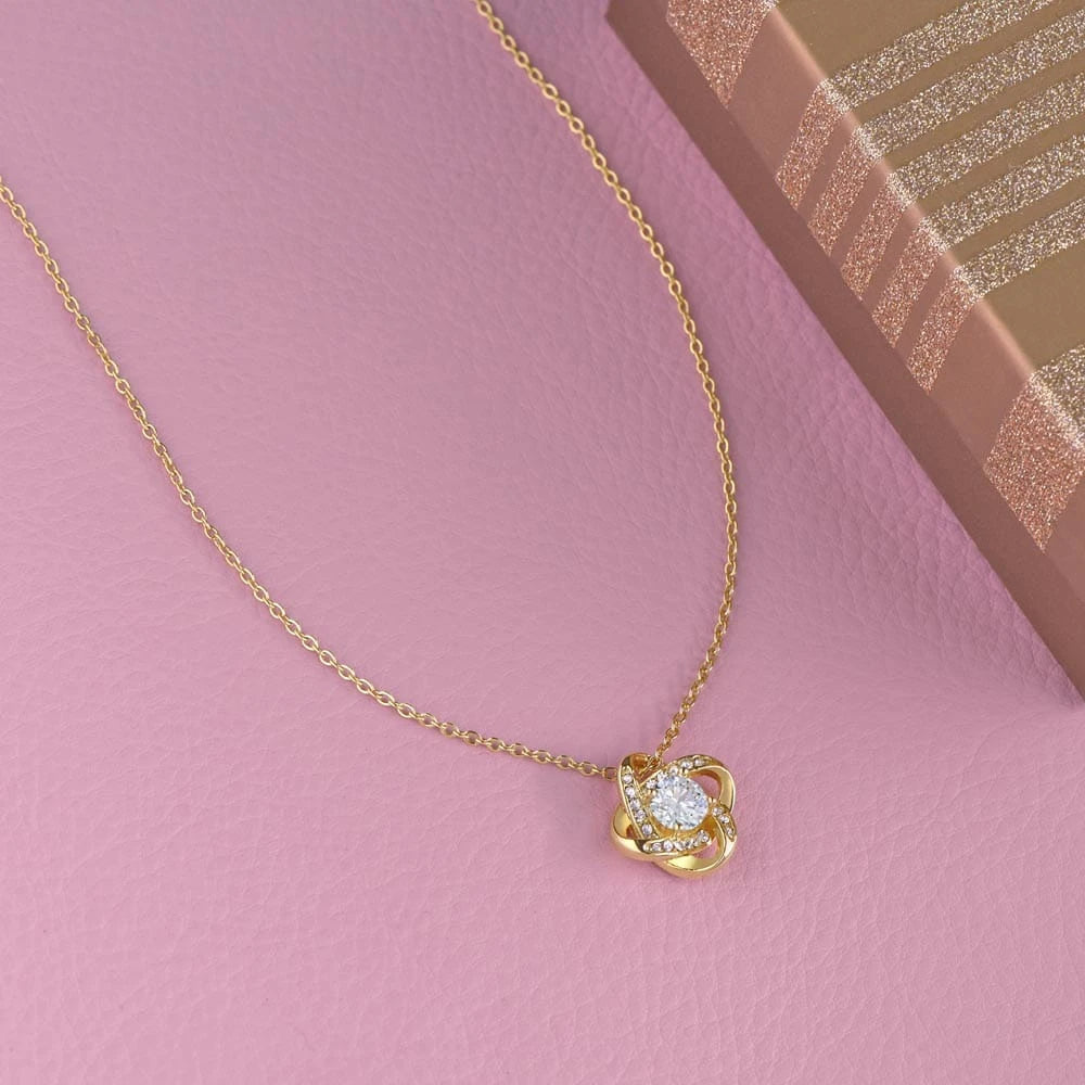 18k Yellow Gold Mother Love Knot Necklace Message Card Jewelry for Mom Mother's Day Gift Display