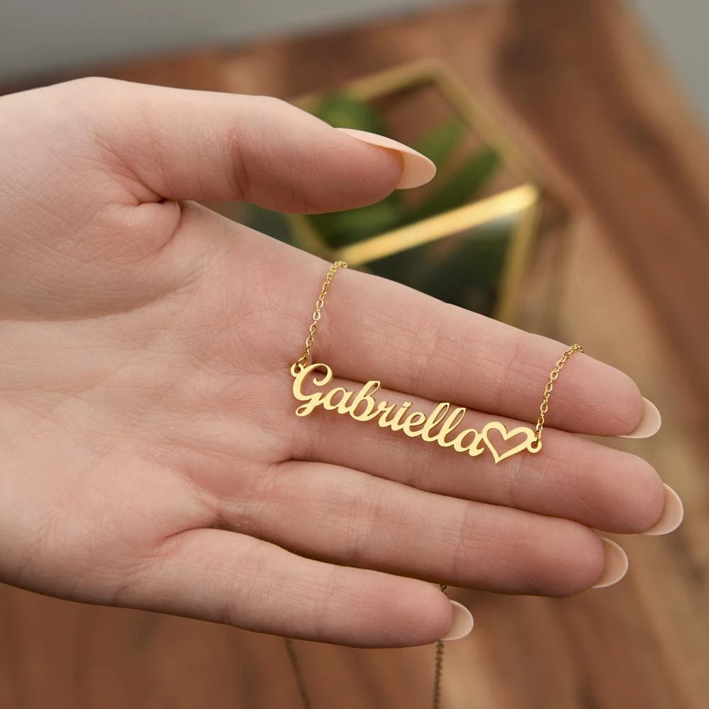 18k yellow gold Custom Name Necklace with Heart for Her showcase in hand