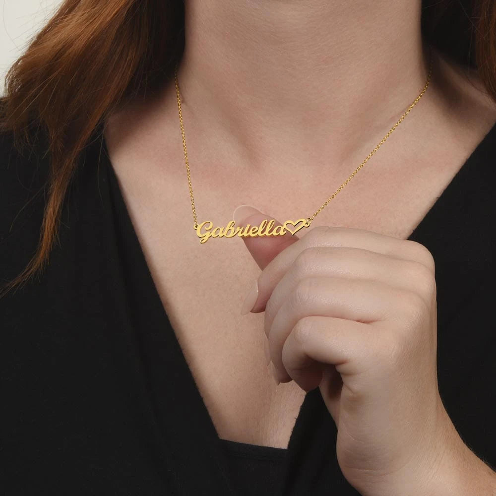 18k yellow gold Custom Name Necklace with Heart for Her showcase on neck