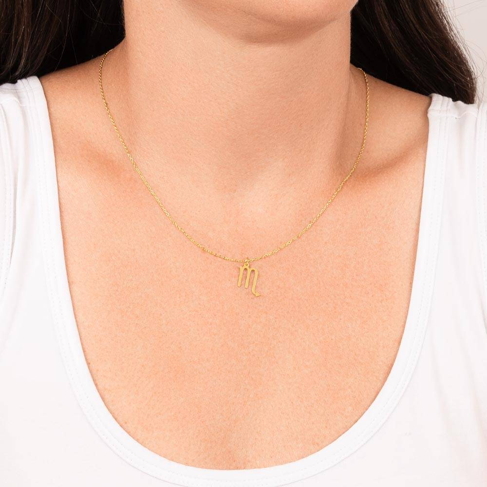 18k yellow gold Scorpio zodiac sign necklaces showcase on neck