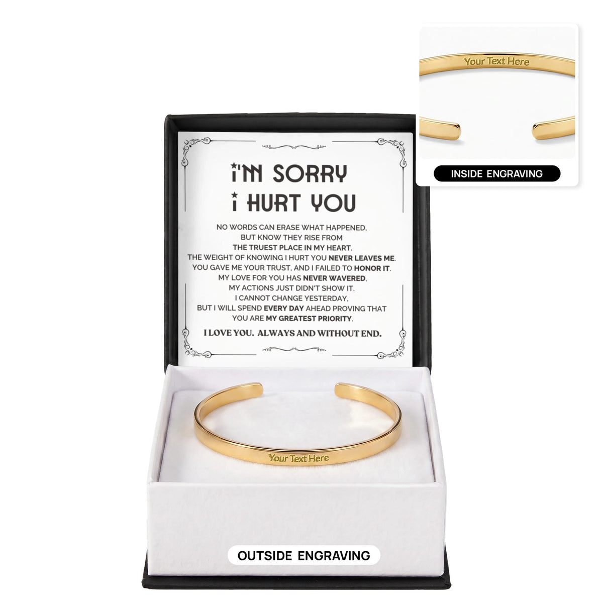 18k yellow gold custom both sides engraved cuff bracelet standard box