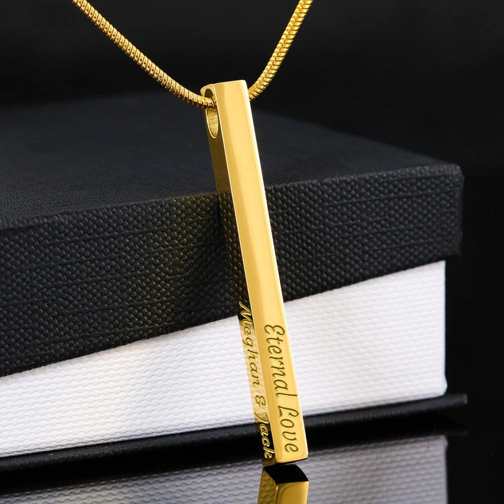 18k yellow gold custom engraved 4-sided bar necklace showcase