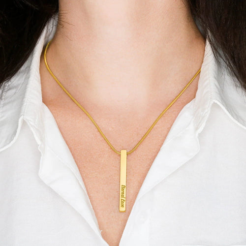 18k yellow gold custom engraved 4-sided bar necklace showcase on neck