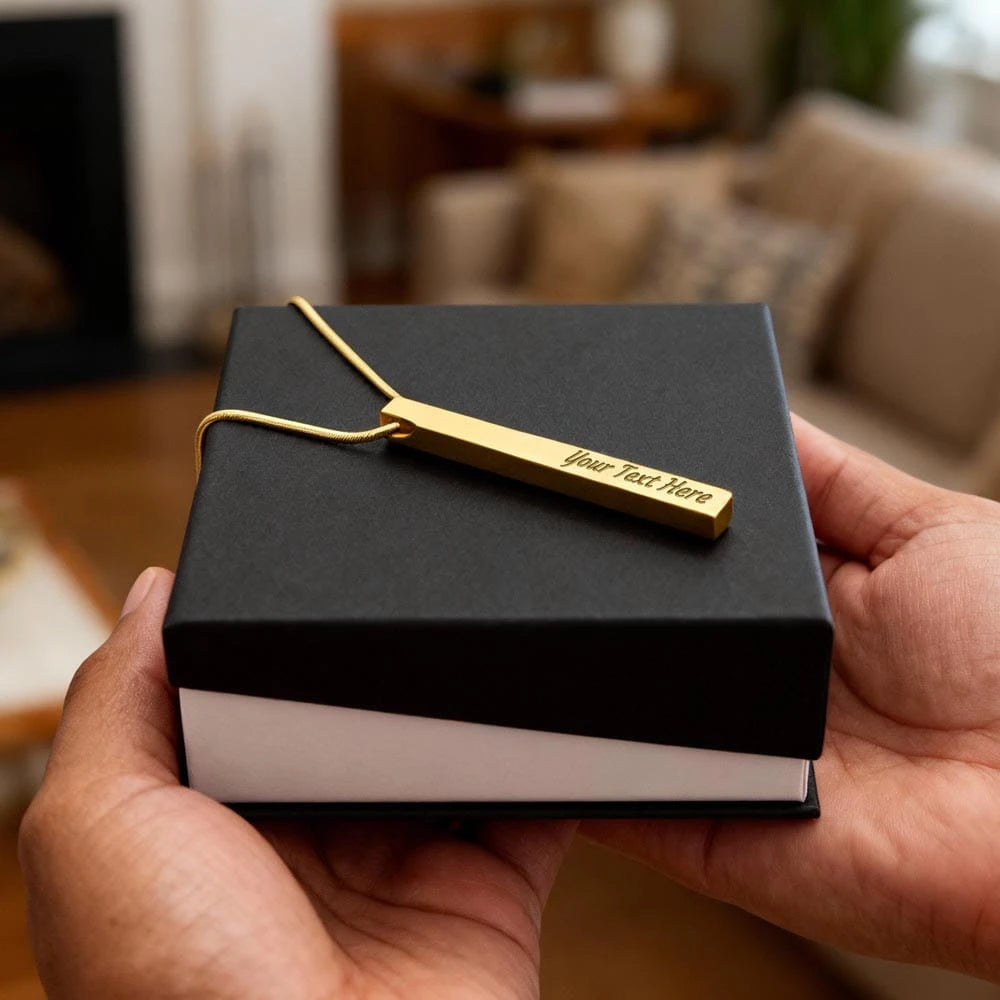 18k yellow gold custom engraved 4-sided bar necklace standard box