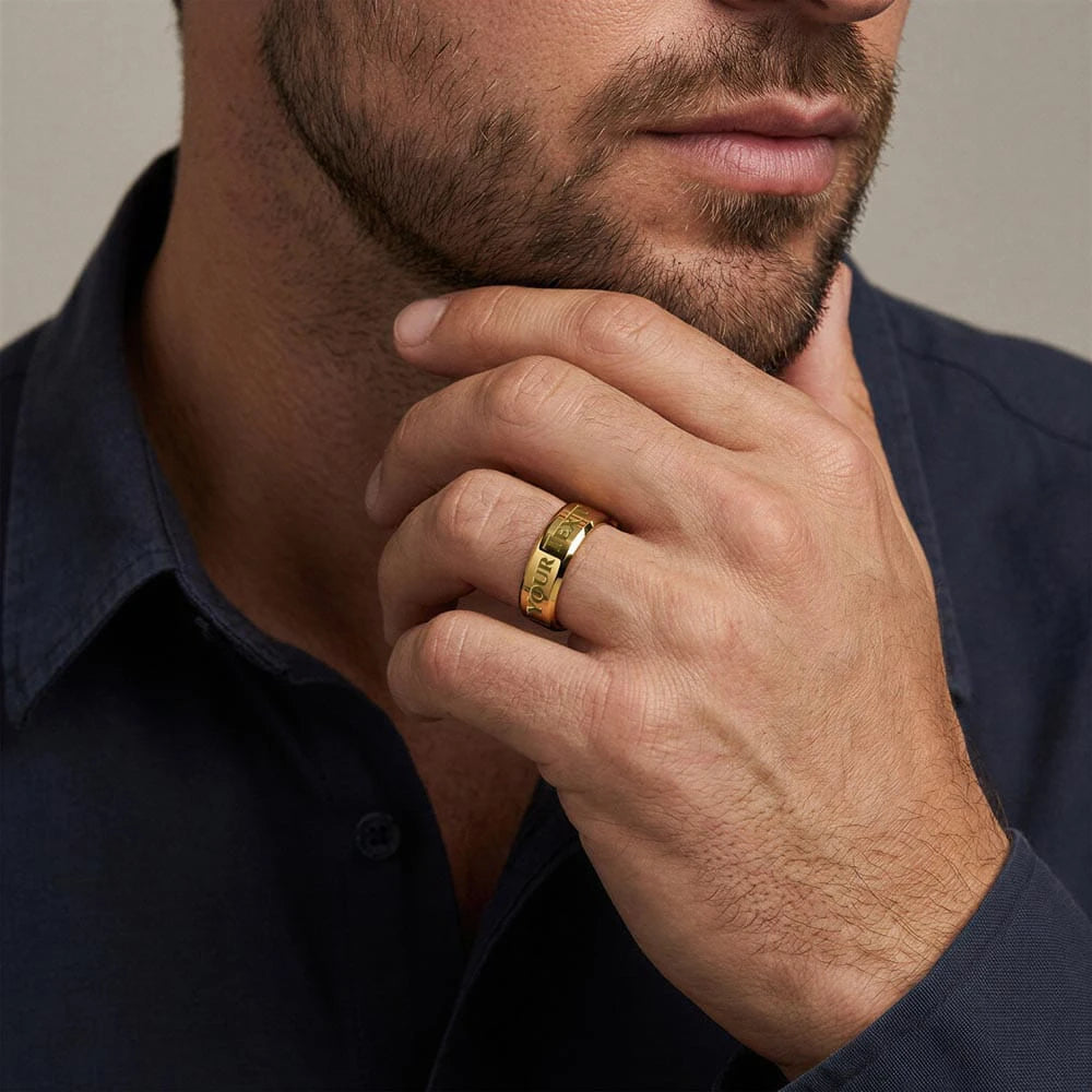 18k yellow gold custom engraved men's ring showcase
