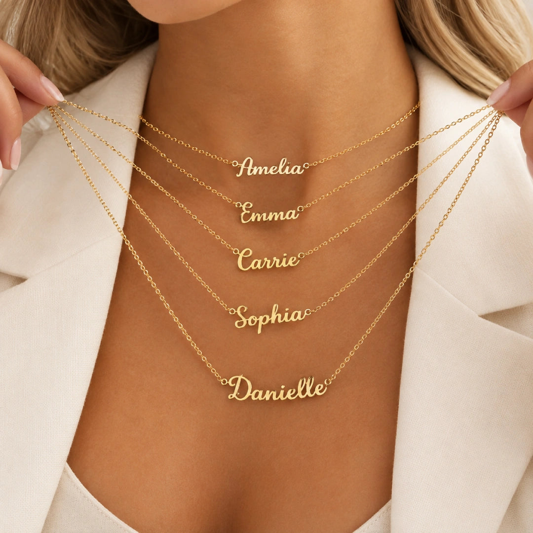 18k yellow gold custom name necklace for her showcase on neck