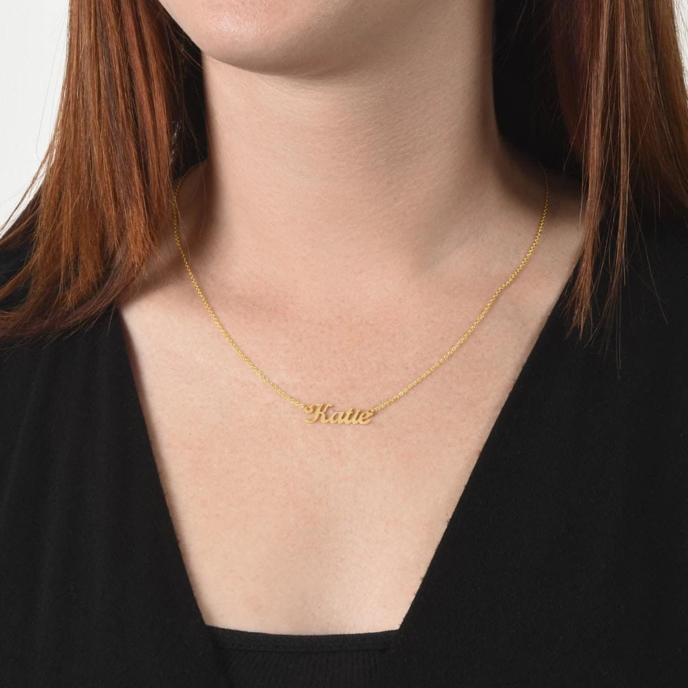 18k yellow gold custom name necklace i am sorry showcase on neck