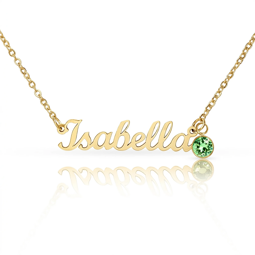 18k yellow gold custom name necklace with August birthstone for her