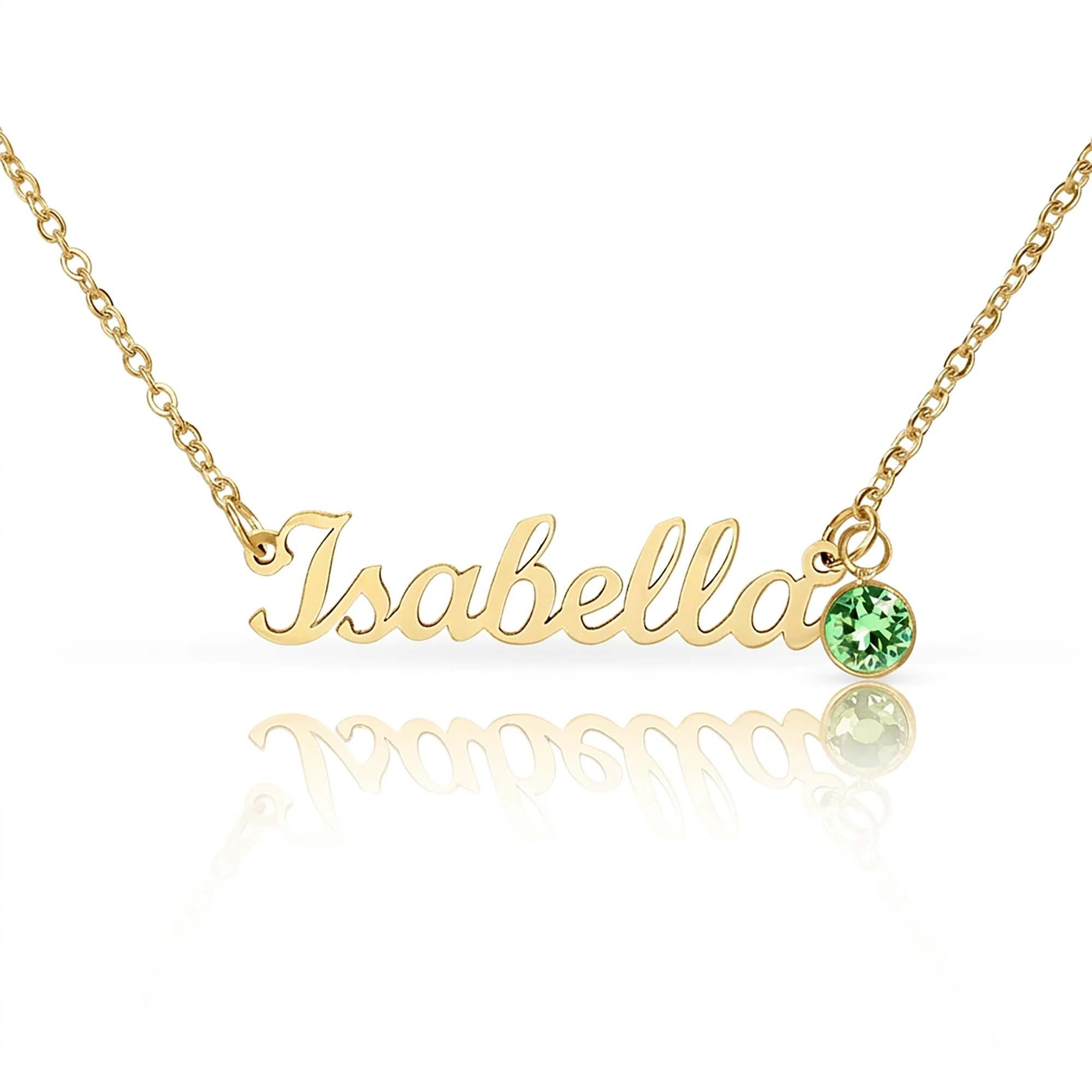 18k yellow gold custom name necklace with August birthstone for her