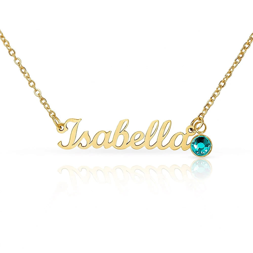 18k yellow gold custom name necklace with December birthstone for her