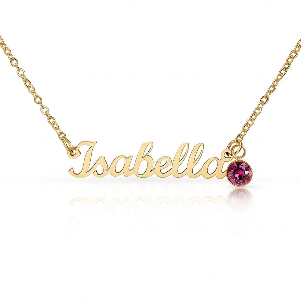 18k yellow gold custom name necklace with February birthstone for her