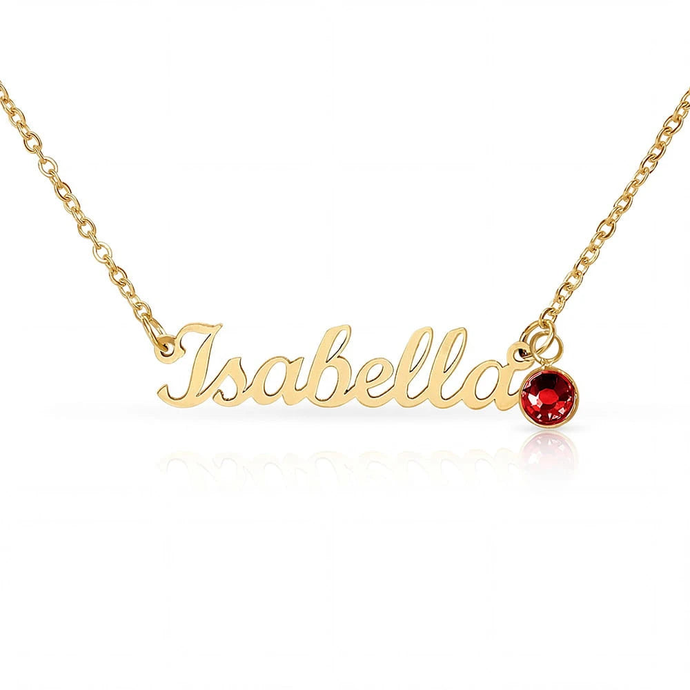 18k yellow gold custom name necklace with January birthstone for her