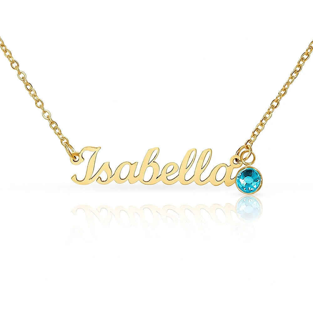 18k yellow gold custom name necklace with March birthstone for her