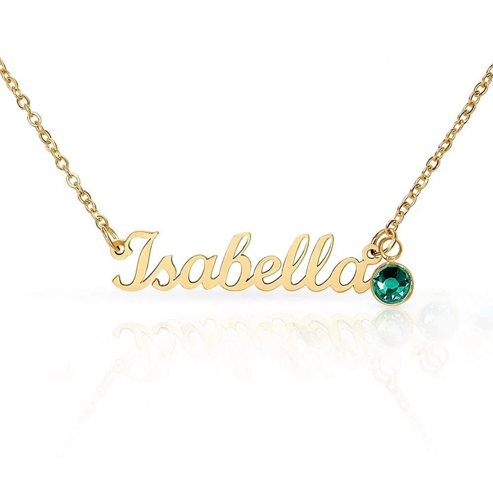18k yellow gold custom name necklace with May birthstone for her