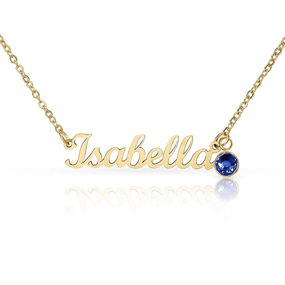 18k yellow gold custom name necklace with September birthstone for her