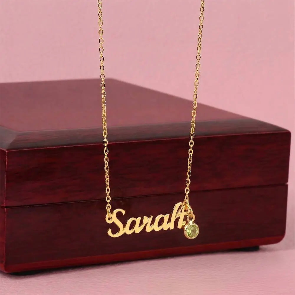 18k yellow gold custom name necklace with birthstone for her luxury box