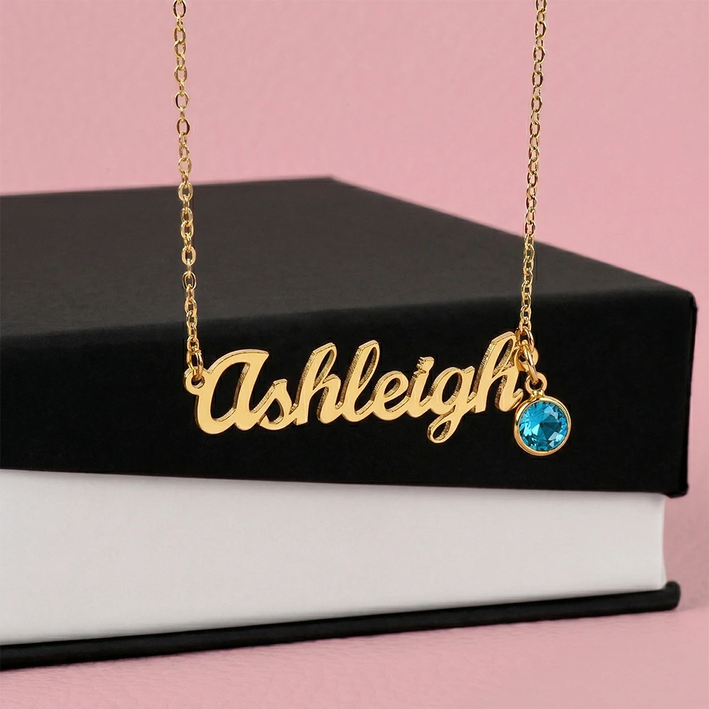 18k yellow gold custom name necklace with birthstone for her standard box