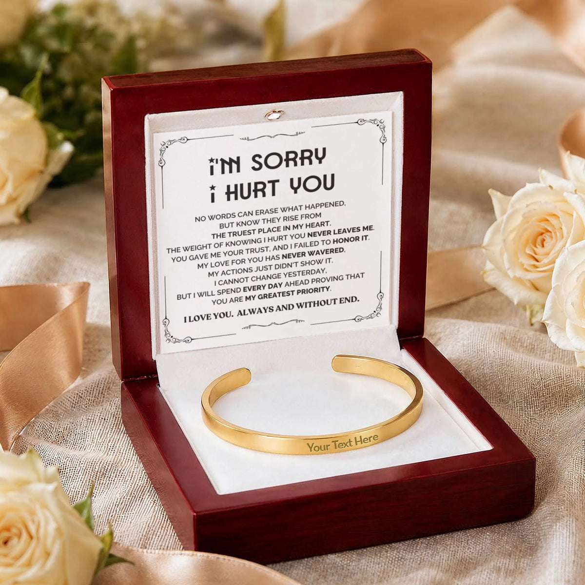 18k yellow gold custom outside engraved cuff bracelet luxury box