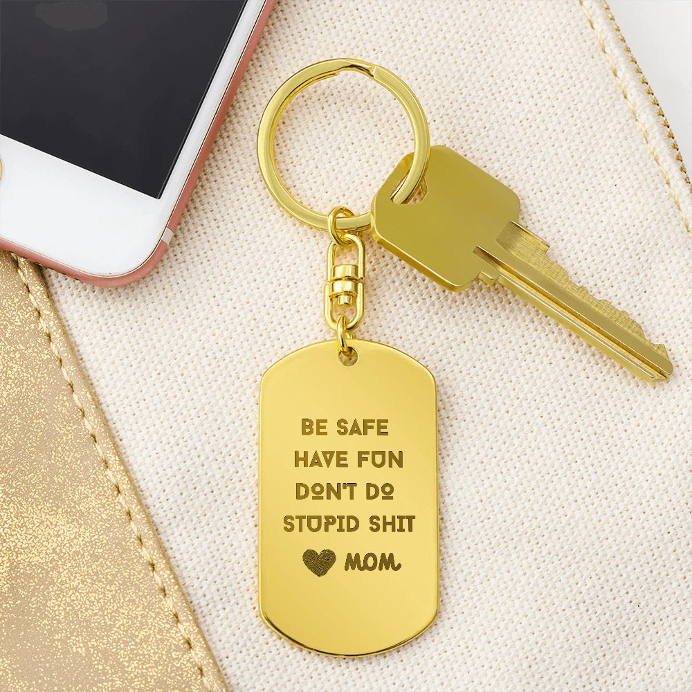 18k yellow gold engraved dog tag keychain for children be safe showcase