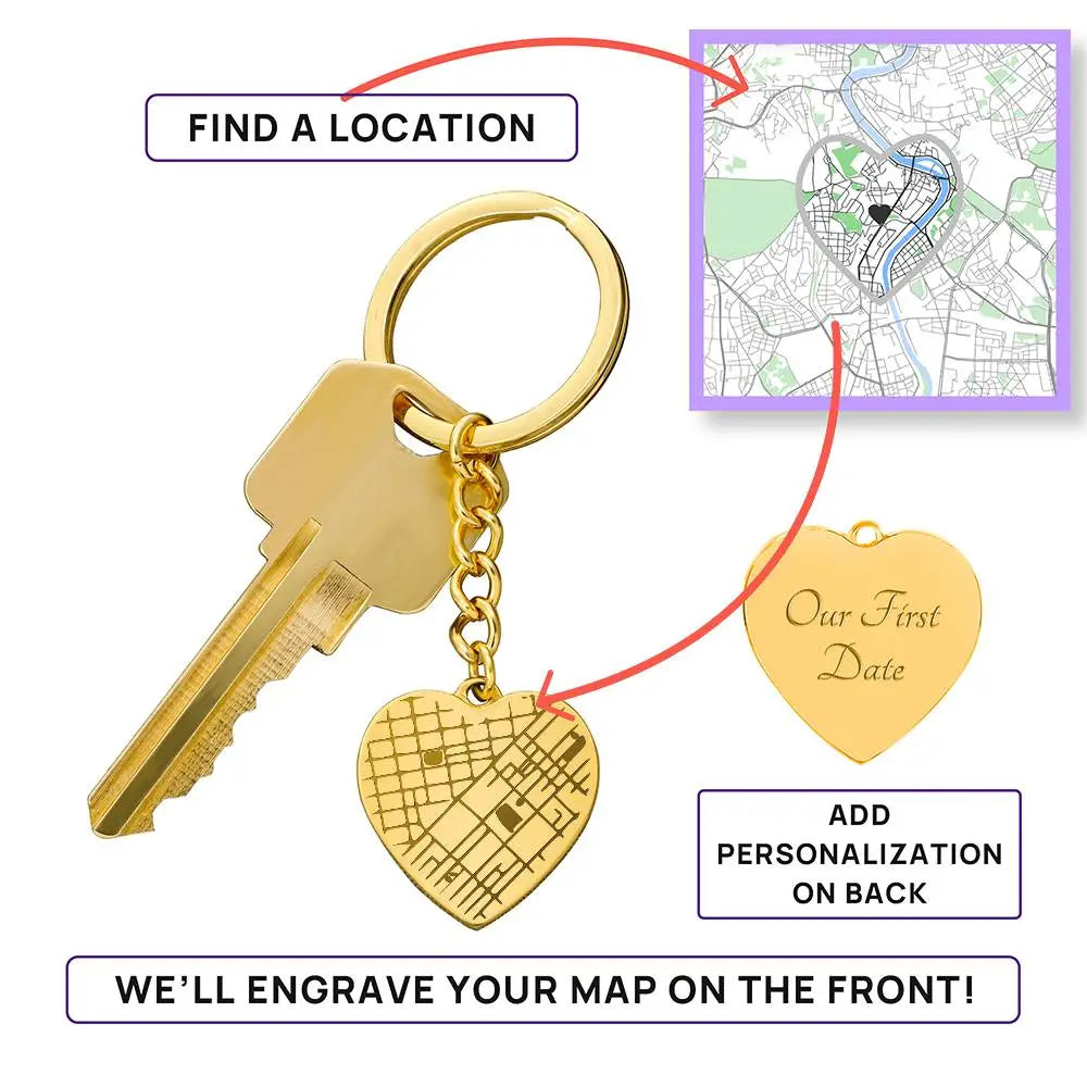 18k yellow gold engraved map heart keychain how it works
