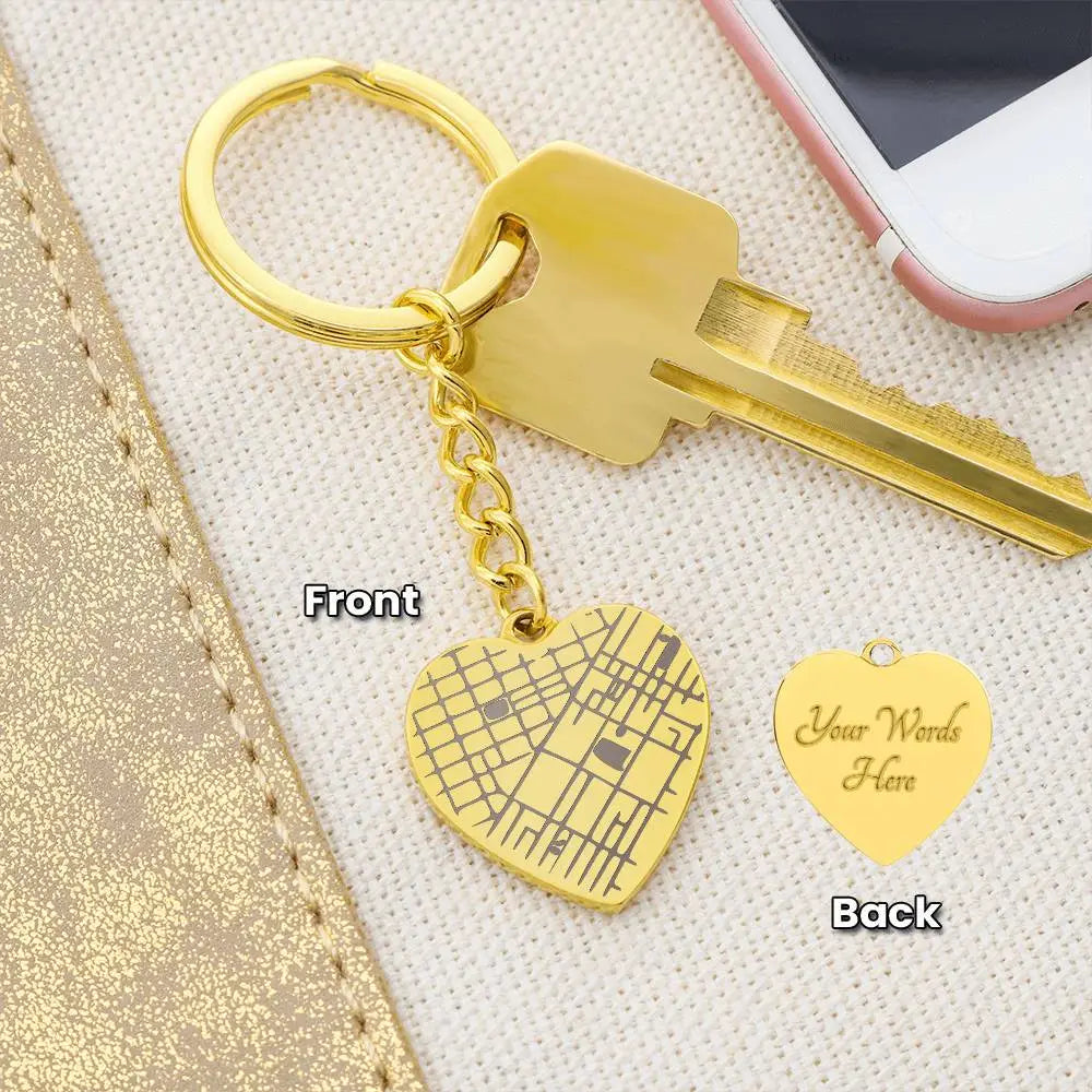 18k yellow gold engraved map heart keychain showcase