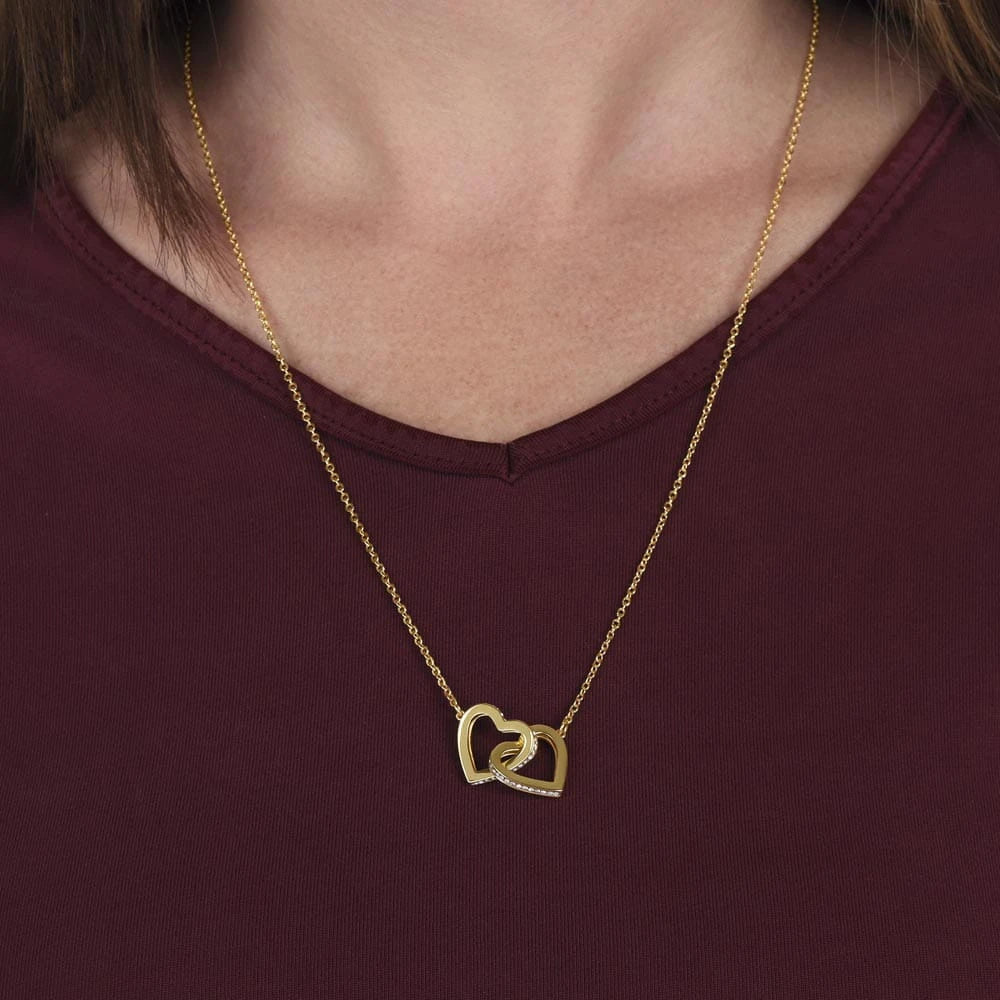 18k yellow gold interlocking hearts necklace for my bonus daughter forever linked showcase on neck