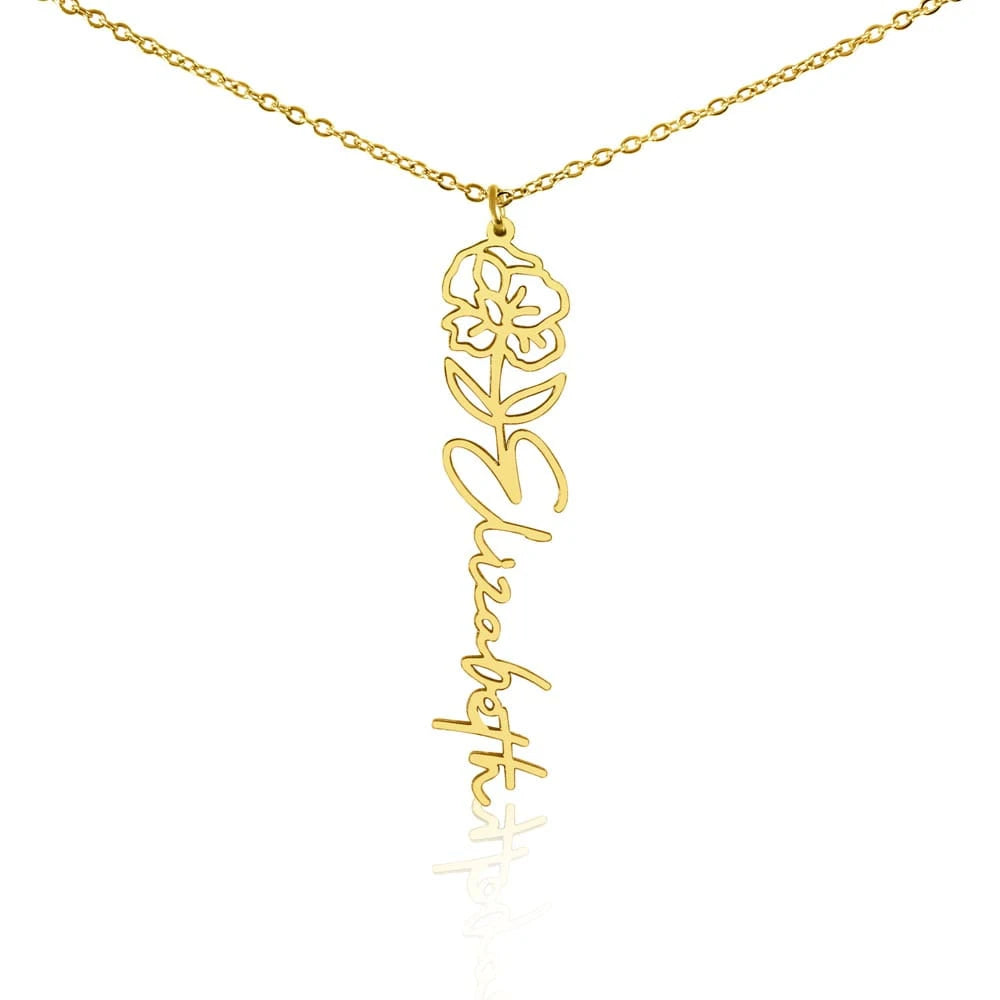 18k yellow gold personalized birth flower name necklace August poppy of the Valley for her