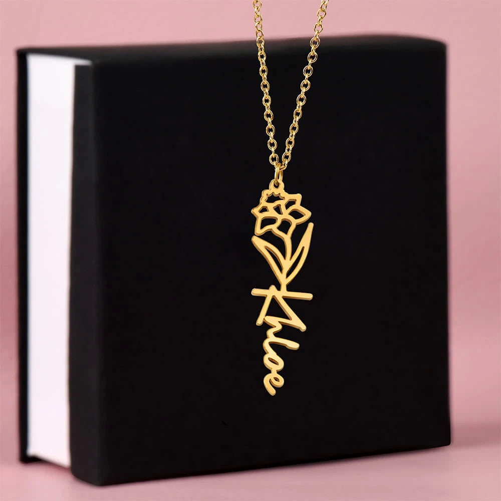 18k yellow gold personalized birth flower name necklace December Narcissus for her standard box