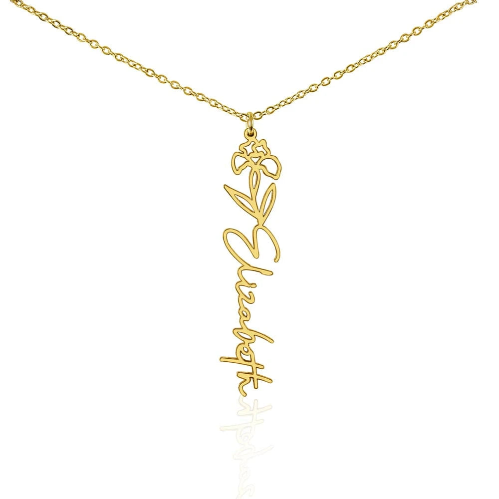 18k yellow gold personalized birth flower name necklace February Iris for her