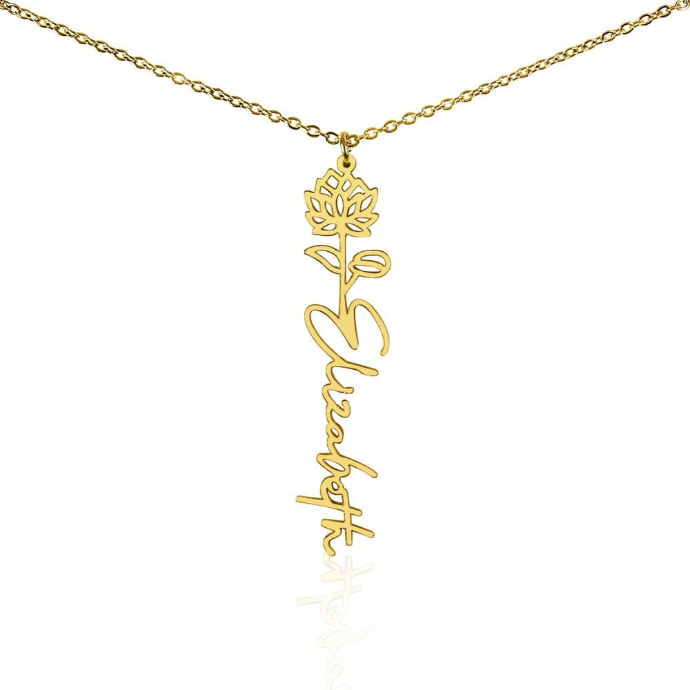 18k yellow gold personalized birth flower name necklace July Water Lily of the Valley for her