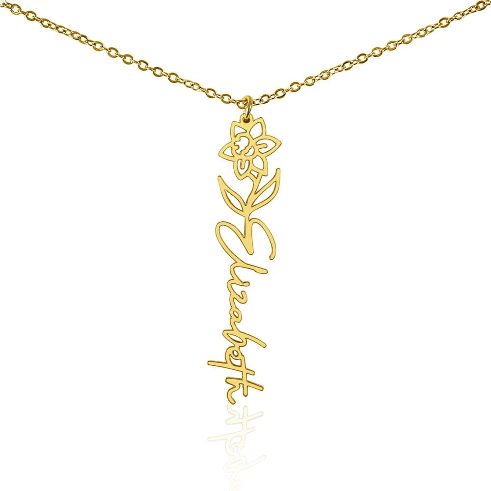 18k yellow gold personalized birth flower name necklace March Daffodil for her