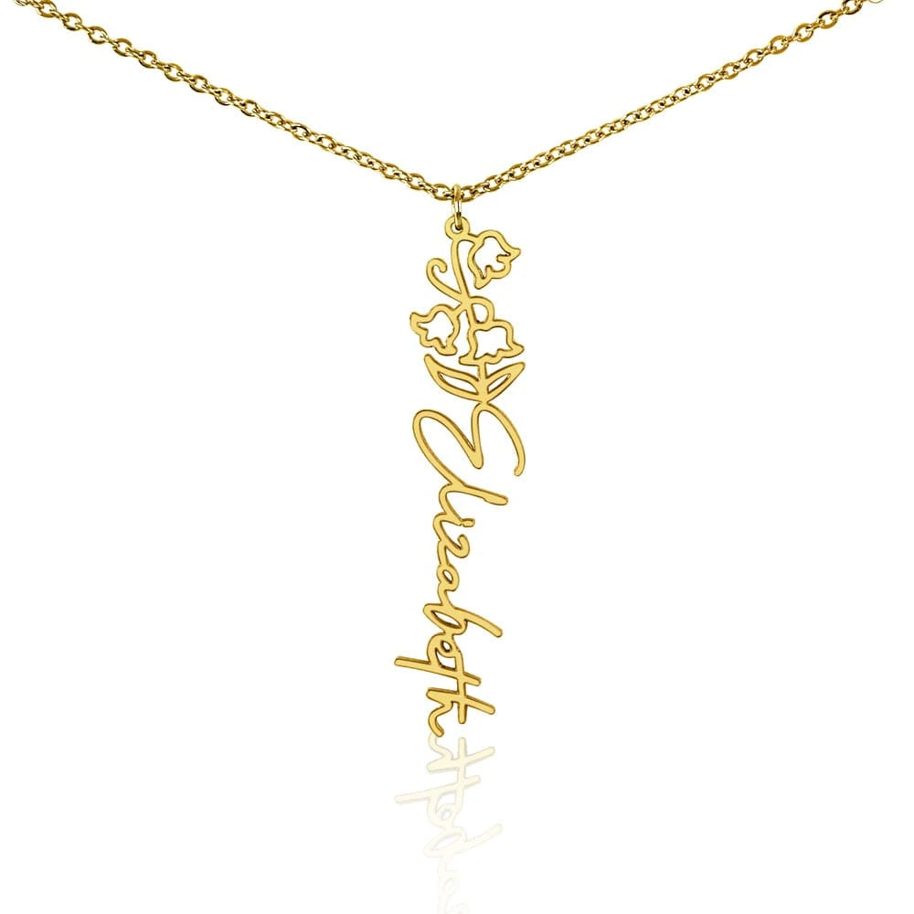 18k yellow gold personalized birth flower name necklace May Lily of the Valley for her